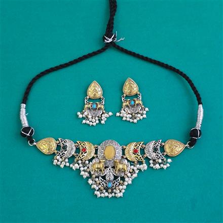 Oxidised Choker Necklace With 2 Tone Plating