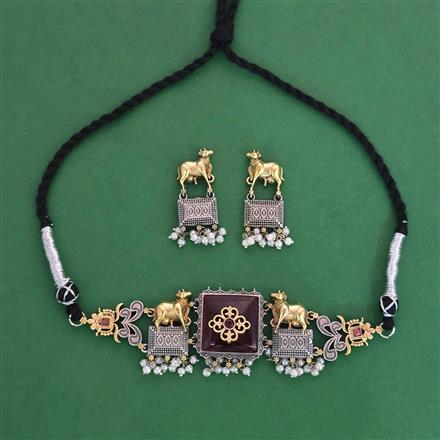 Oxidised Pearl Necklace With 2 Tone Plating