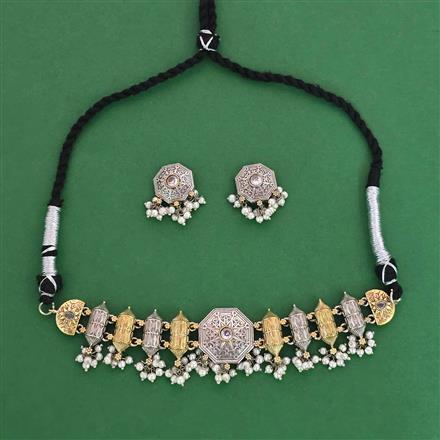Oxidised Pearl Necklace With 2 Tone Plating