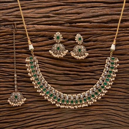 Antique Reverse Ad Stone Necklace With Mehndi Plating