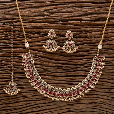 Antique Reverse Ad Stone Necklace With Mehndi Plating