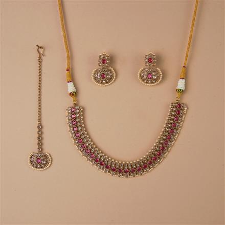 Antique Moti Necklace Set With Mehndi Plating