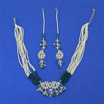 Cz Moti Necklace Set With Rhodium Plating
