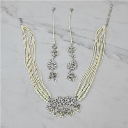 Cz Moti Necklace Set With Rhodium Plating