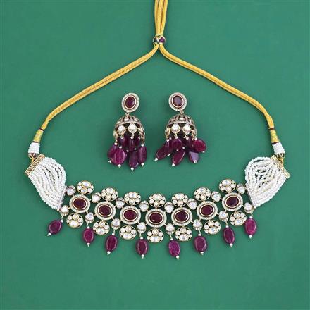 Kundan Moti Necklace Set With Victorian Plating