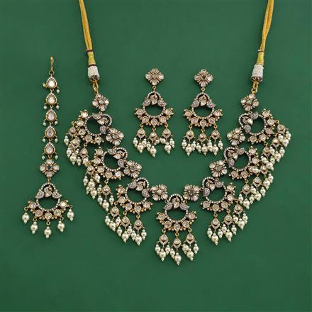 Kundan Moti Necklace Set With Victorian Plating