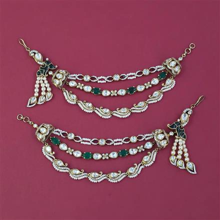 Kundan Pearl Ear Chain With Victorian Plating